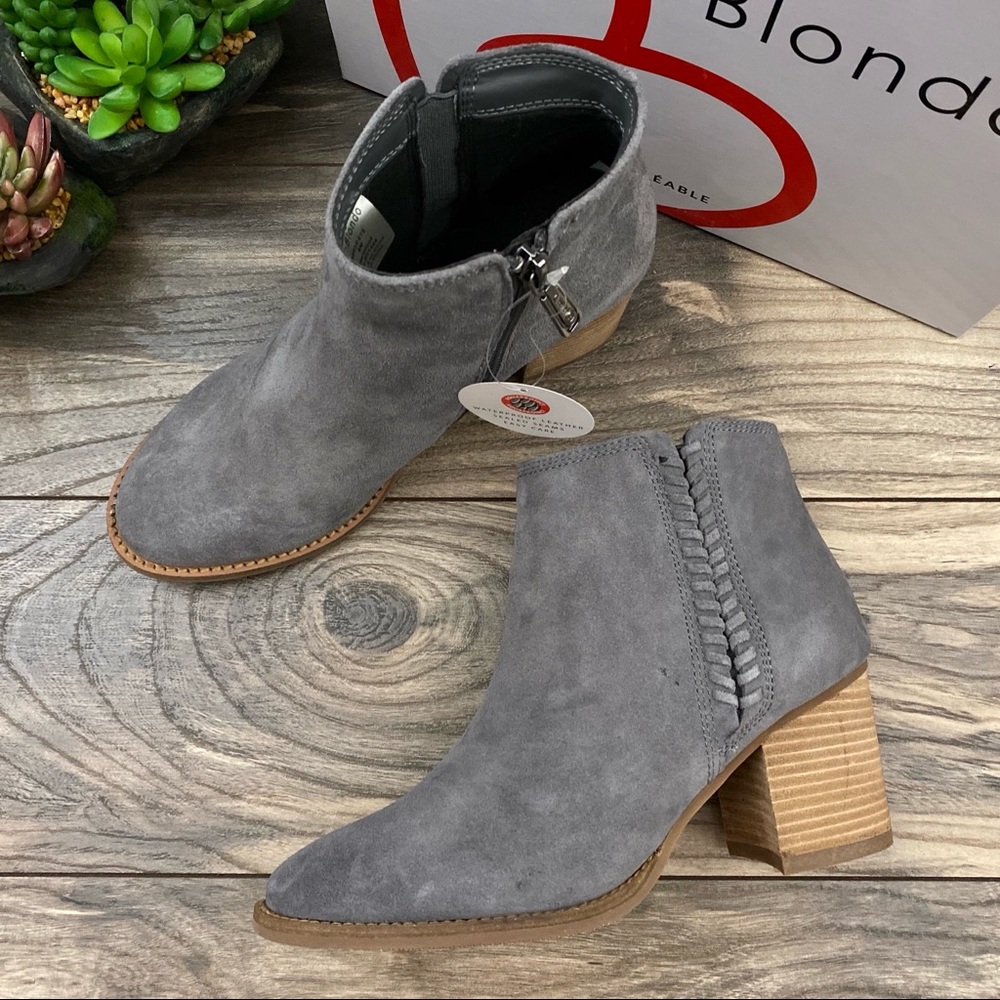 Blondo Gray Suede Braided Ankle Booties with Stacked Heel